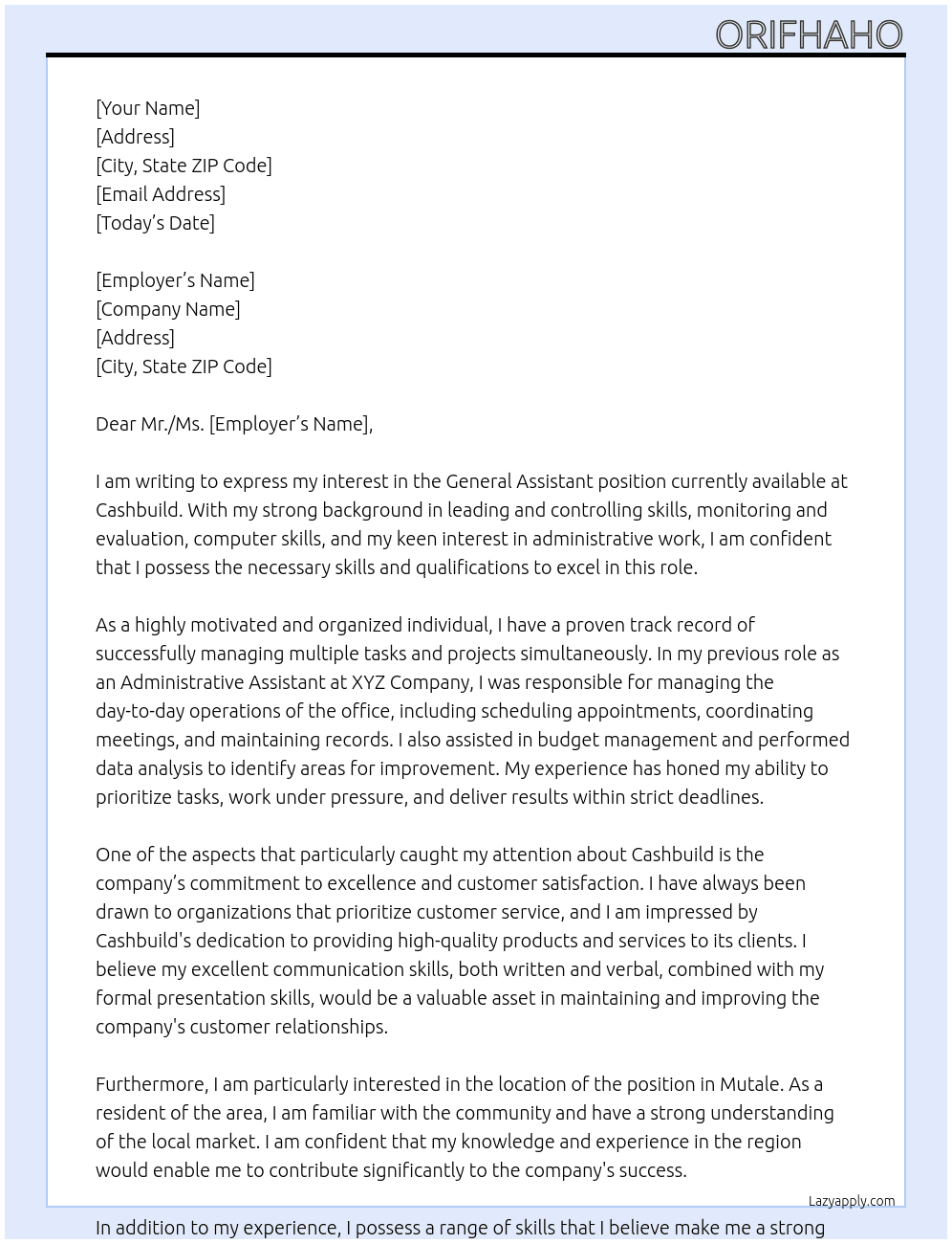 General assistant At Cashbuild Cover Letter