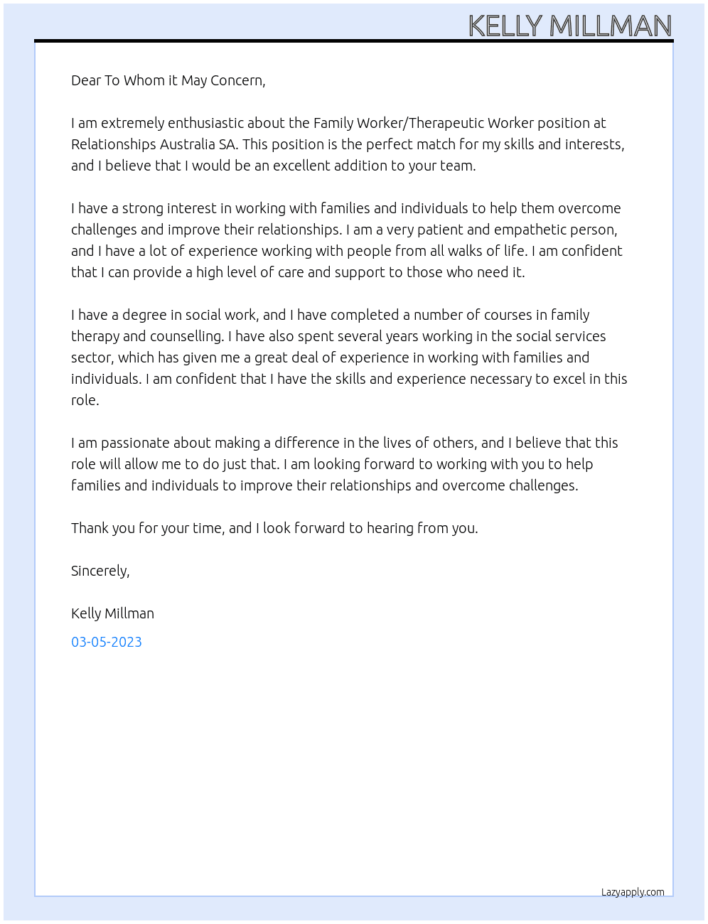 Family Worker/Therapeutic Worker At Relationships Australia SA Cover Letter