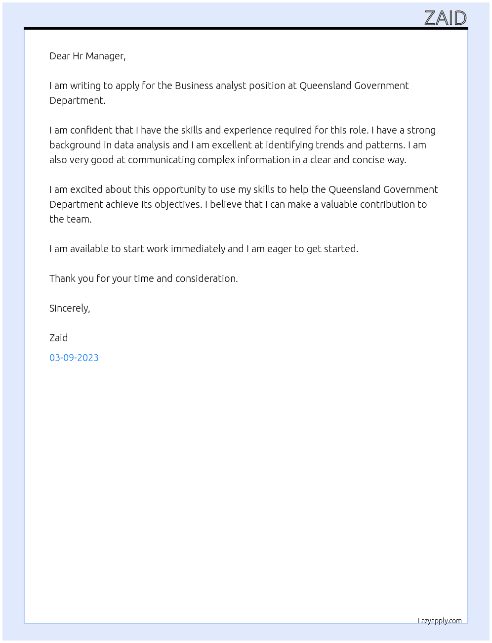 Business analyst At Queensland Government Department Cover Letter