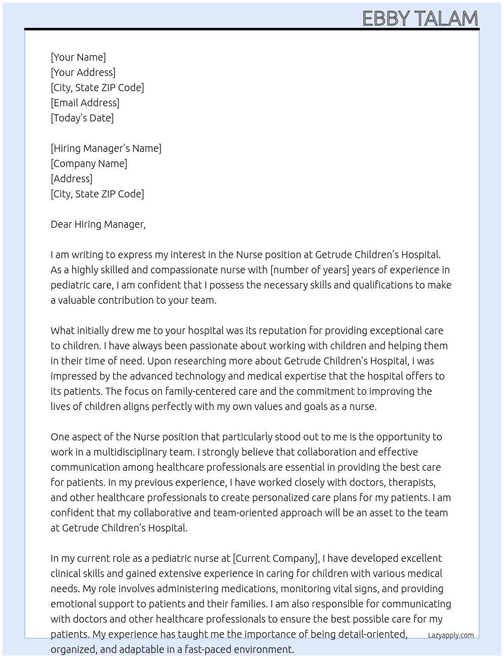 Nurse At Getrude children hospital  Cover Letter