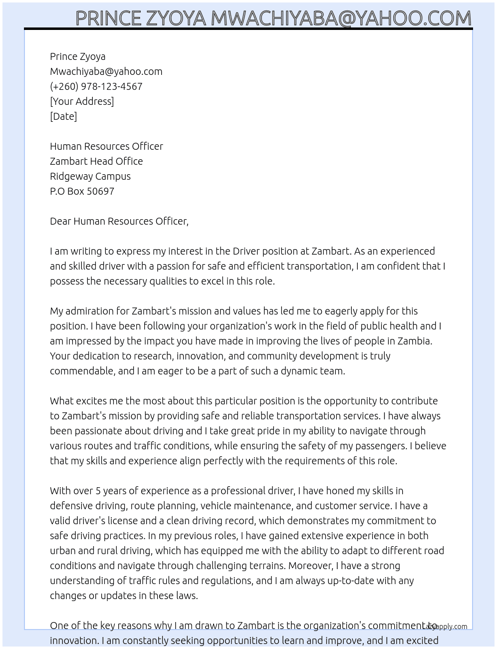 Driver  At Zambart Cover Letter