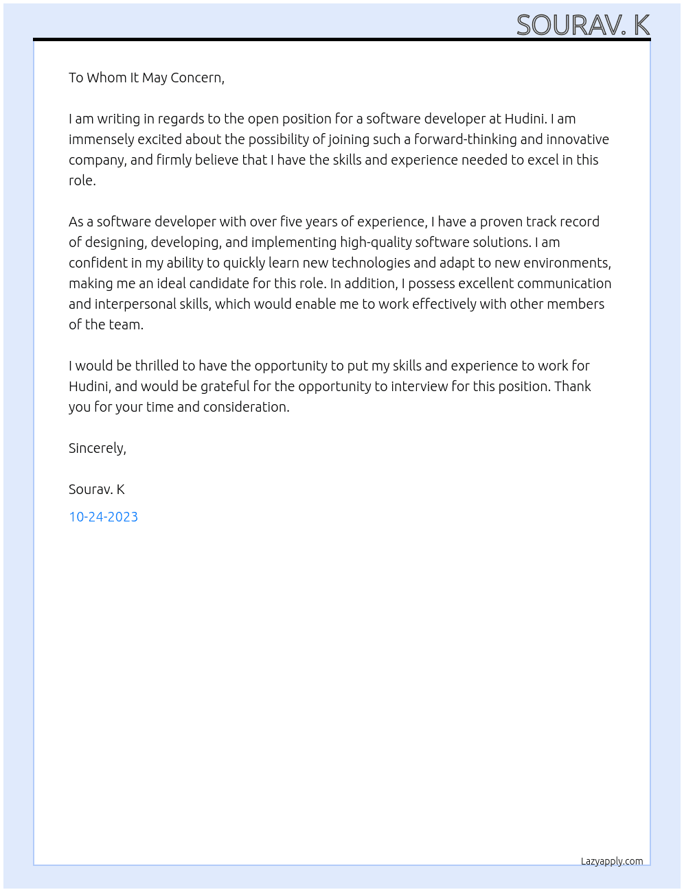 Software Developer  At Hudini Cover Letter