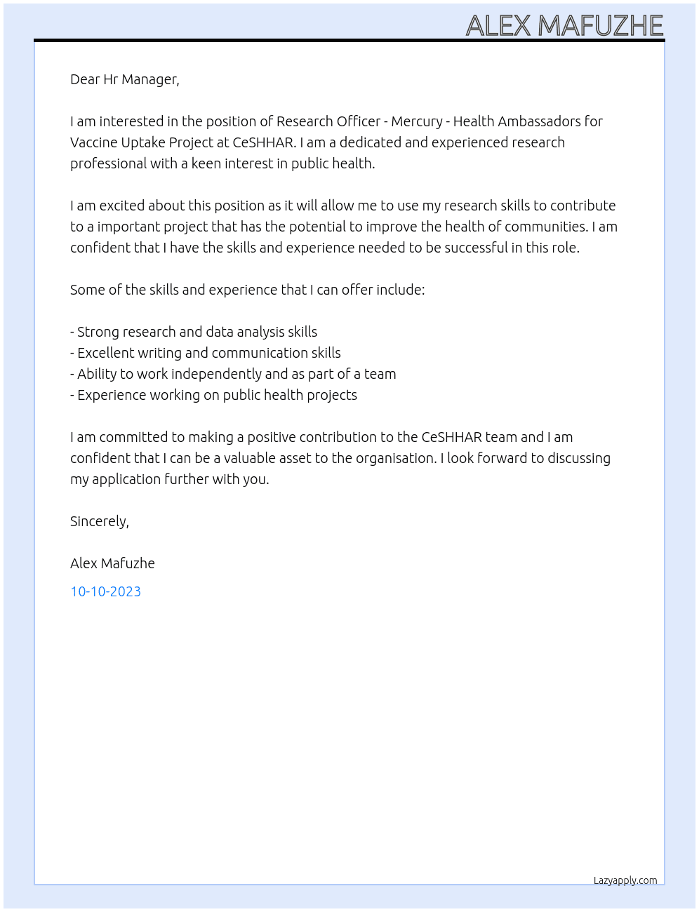 RESEARCH OFFICER - MERCURY - HEALTH AMBASSADORS FOR VACCINE UPTAKE PROJECT At CeSHHAR Cover Letter