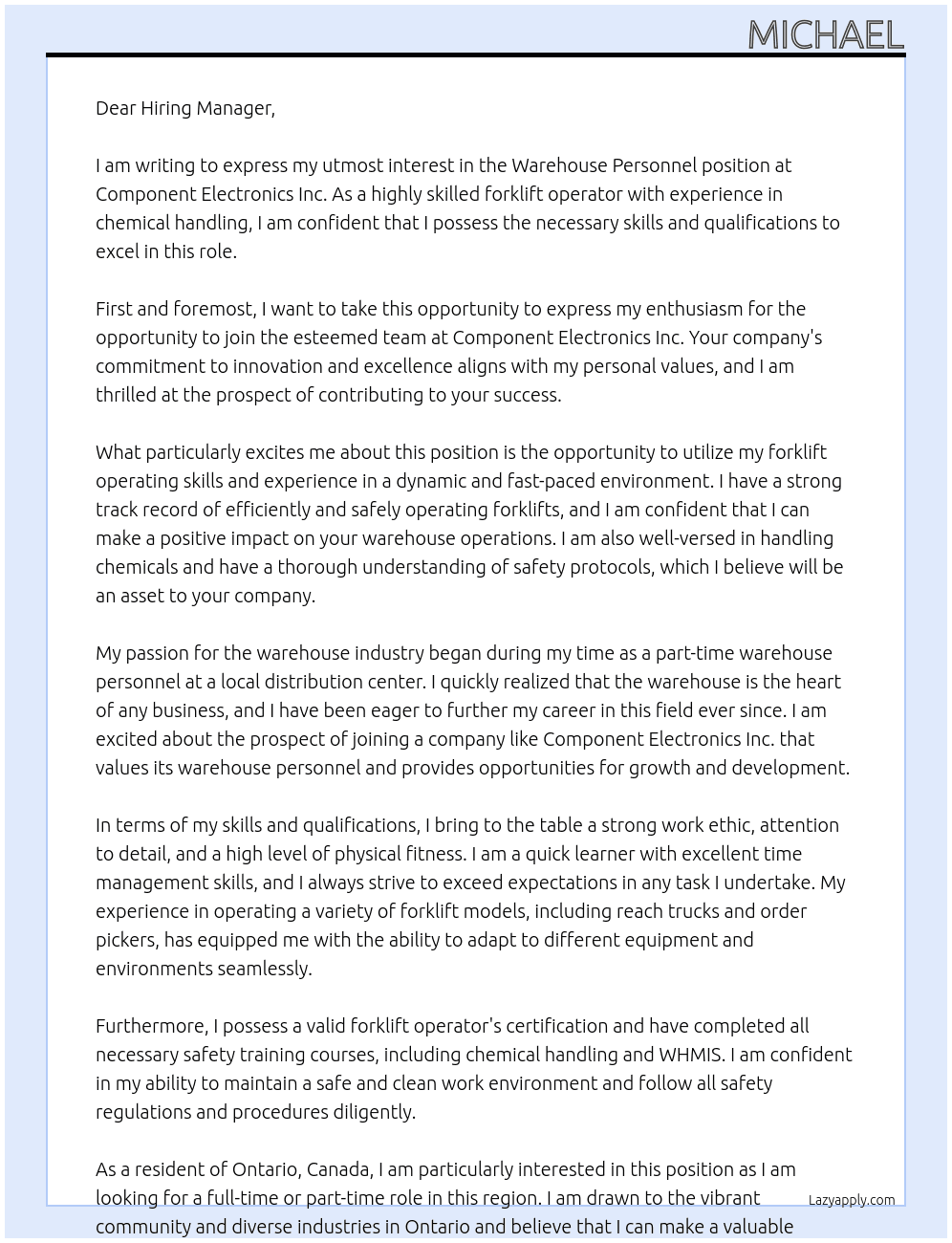 Warehouse personnel At Component Elctronics Inc. Cover Letter