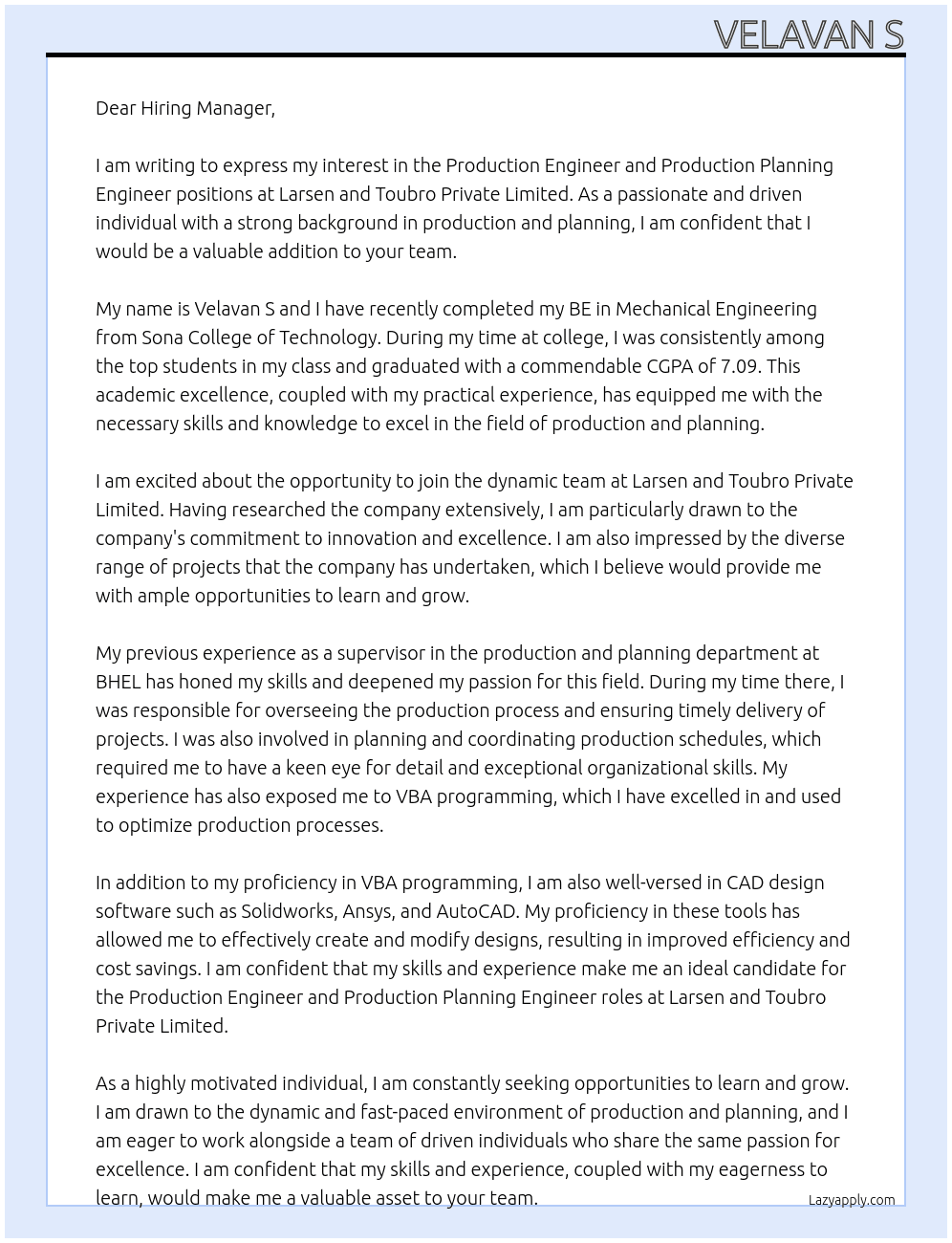 Production Engineer and Production Planning Engineer At Larsen and Toubro Private limited  Cover Letter