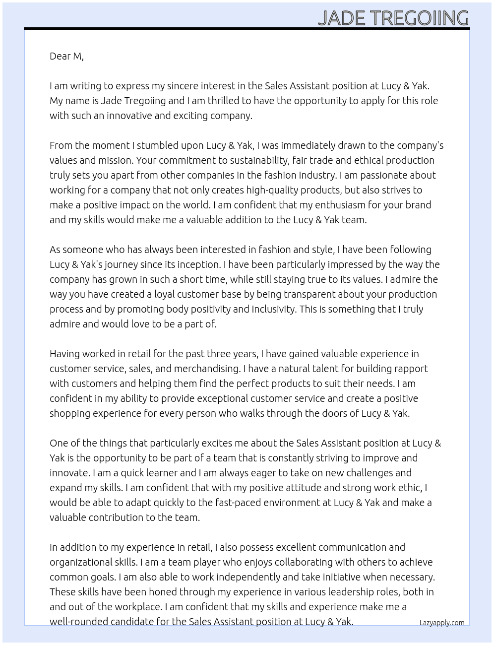 Sales Assistant At Lucy & Yak Cover Letter
