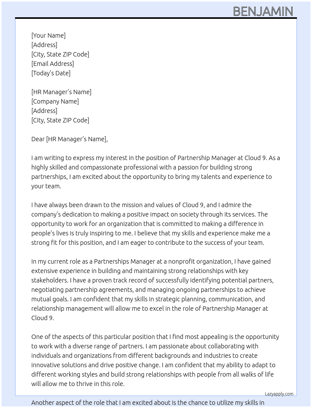 Partnership Manager At Cloud 9 Cover Letter