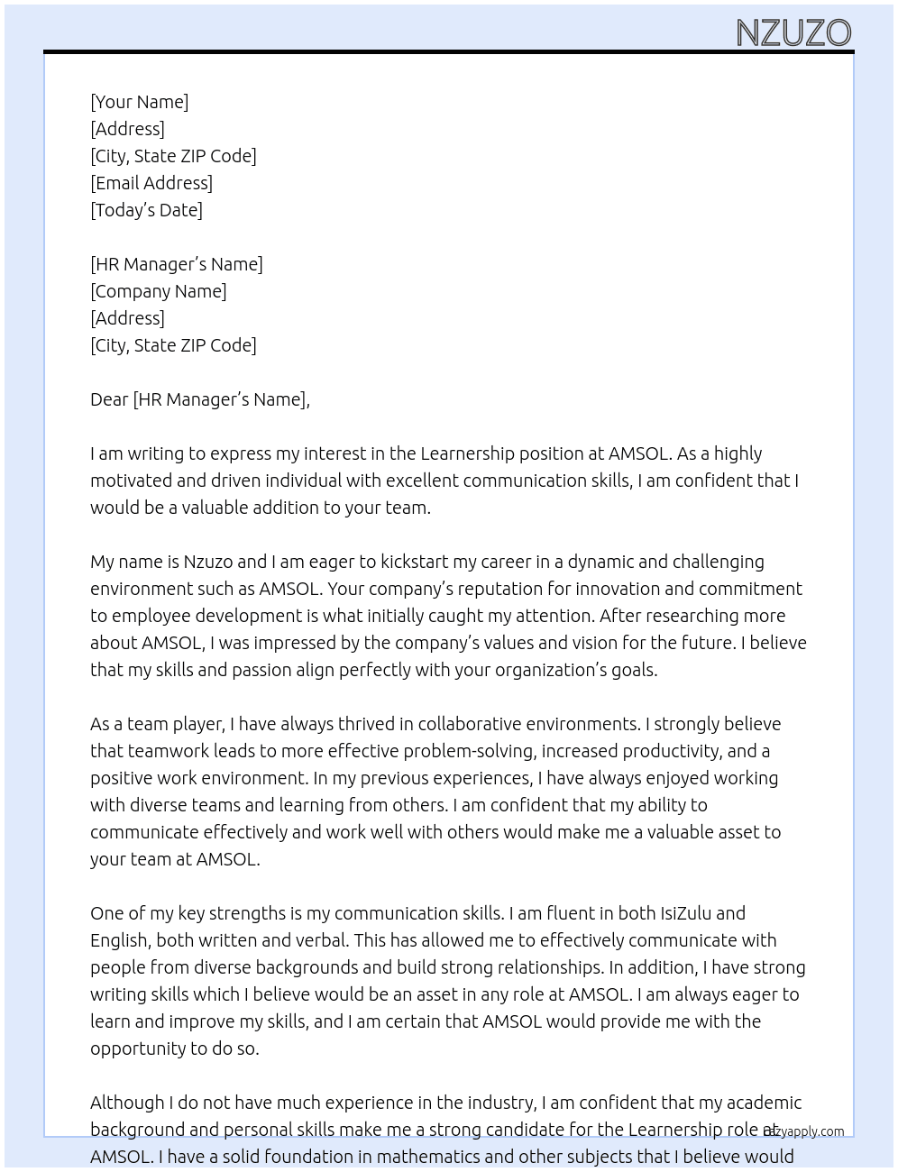 Learnership position  At AMSOL Cover Letter