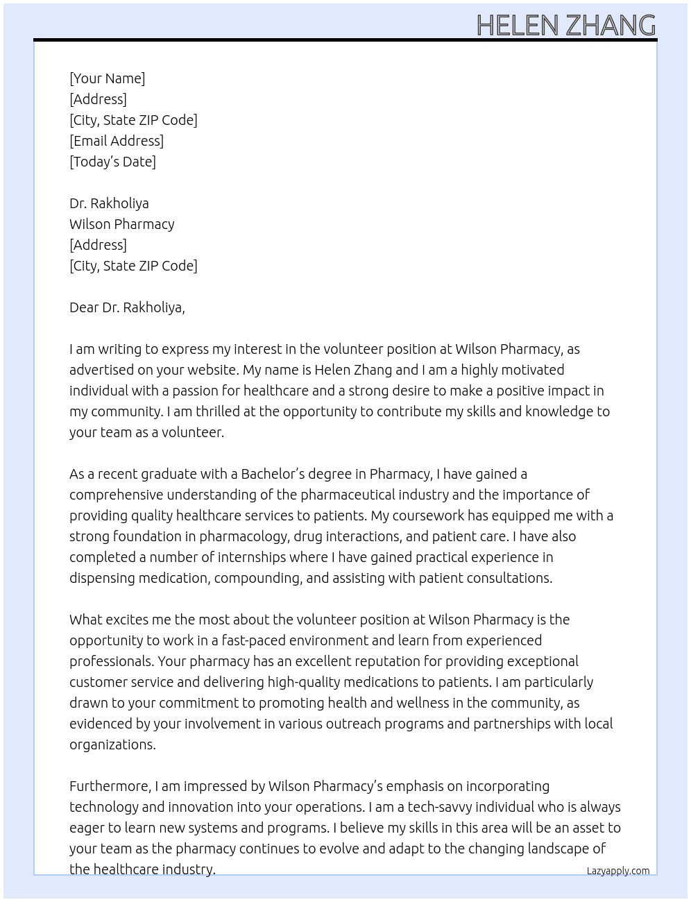 Volunteer At Wilson Pharmacy Cover Letter