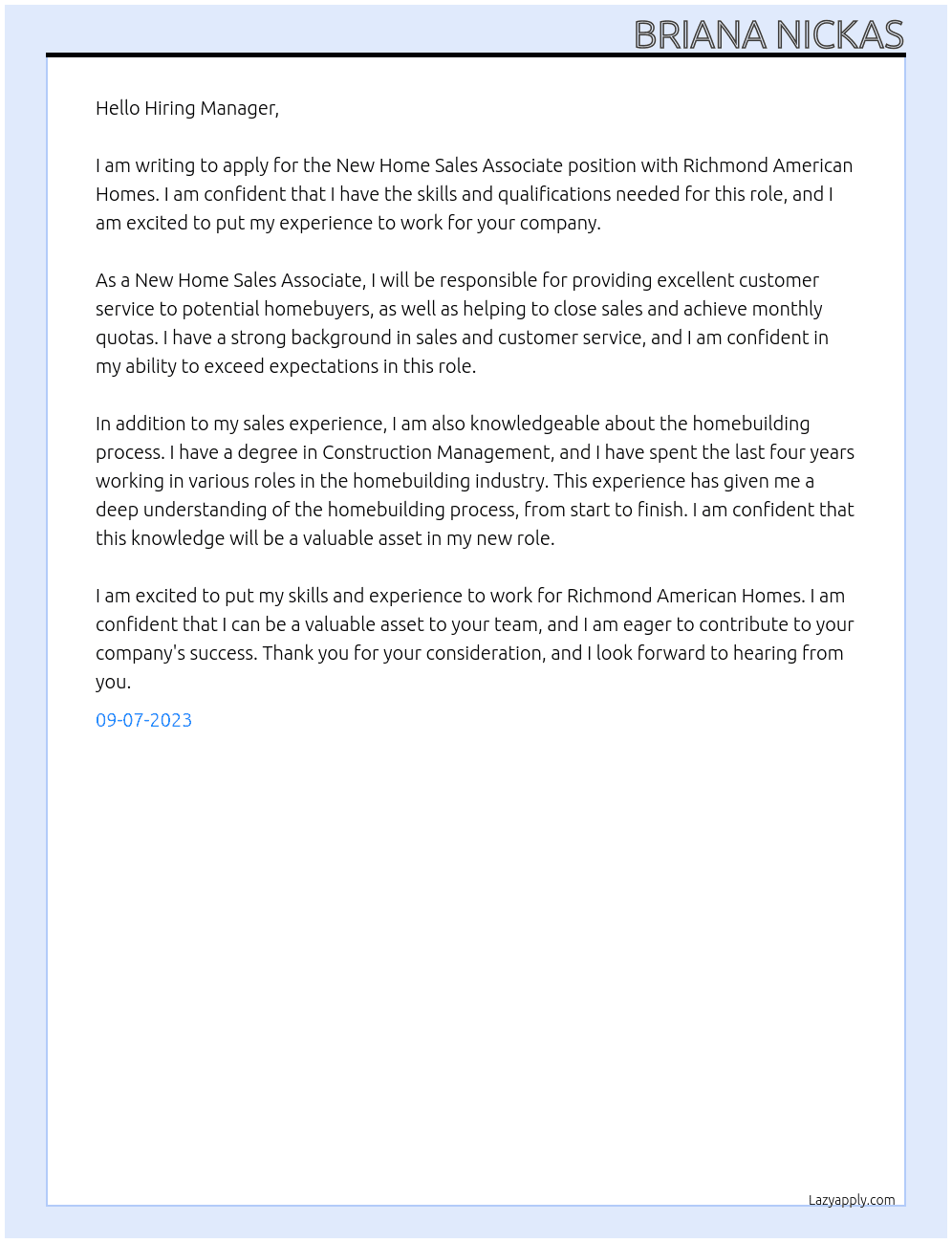New Home Sales Associate At Richmond American Homes Cover Letter