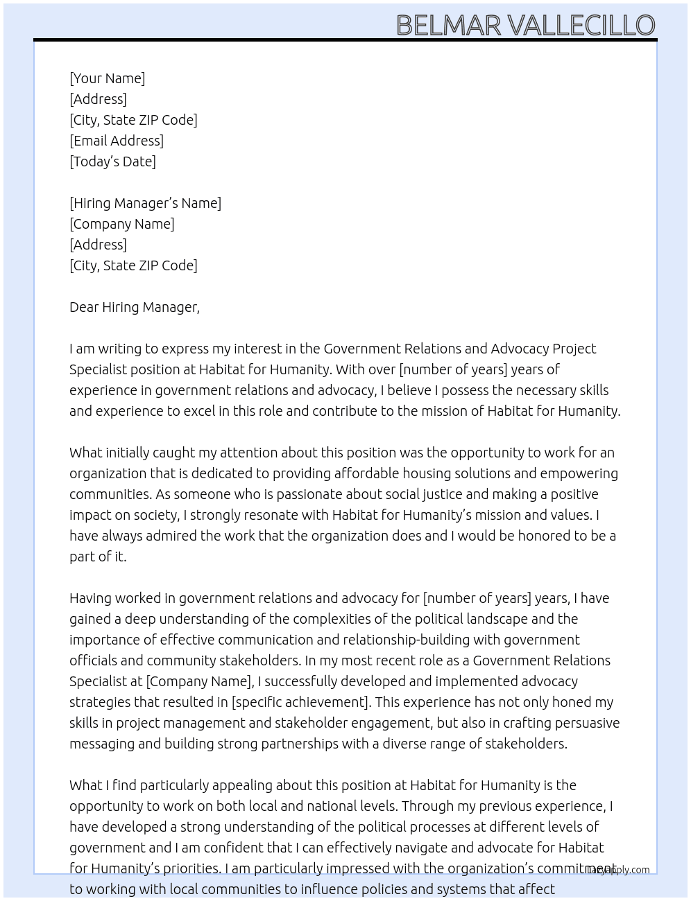 Government Relations and Advocacy Project Specialist At Habitat for Humanity Cover Letter