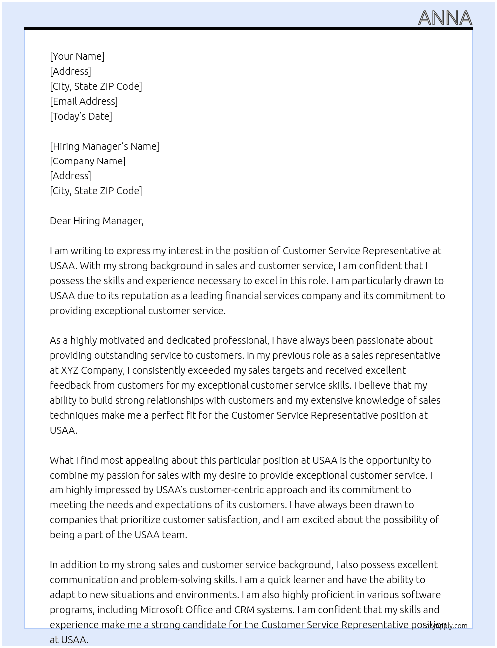 Customer Service At USAA Cover Letter