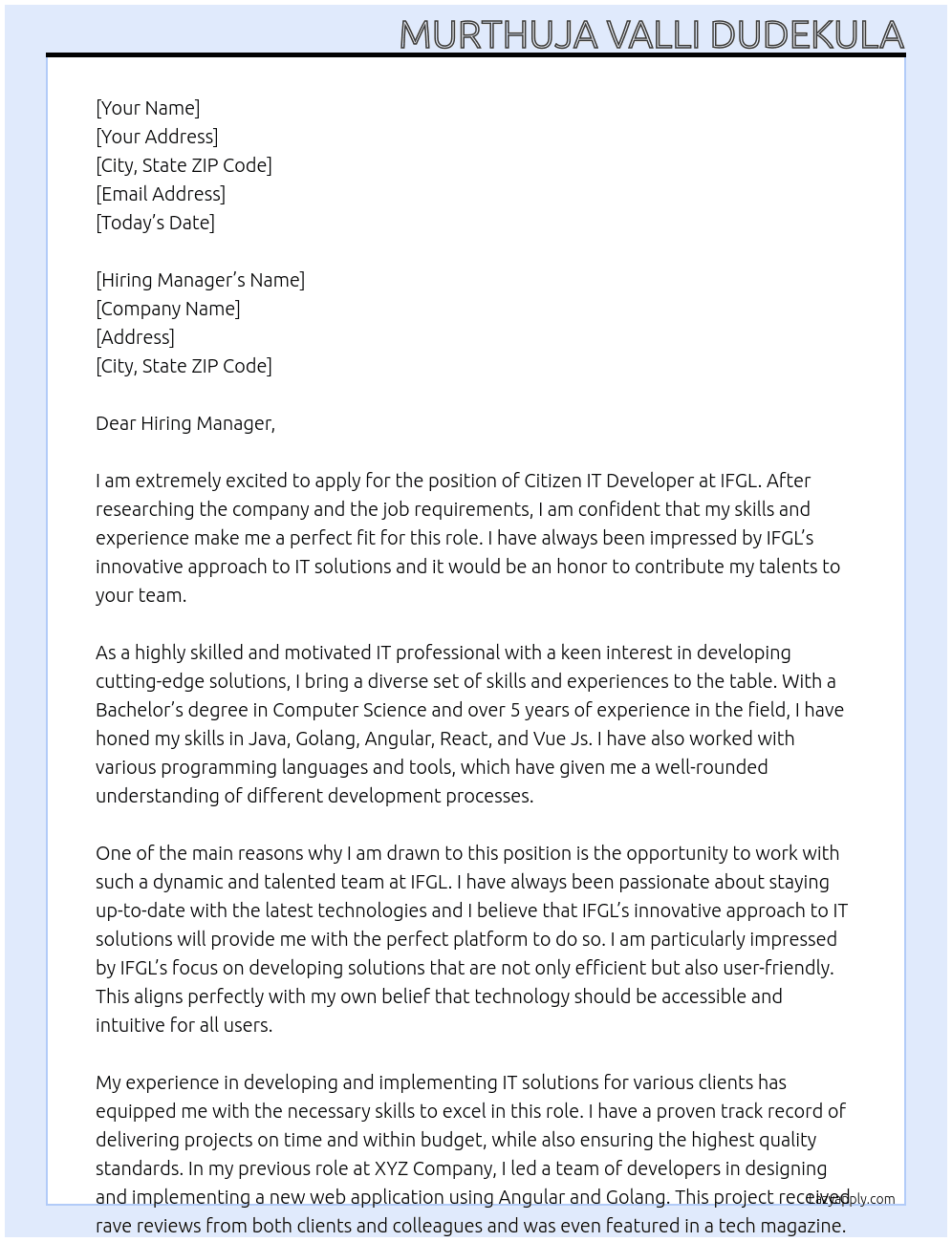 Citizen IT Developer At IFGL Cover Letter
