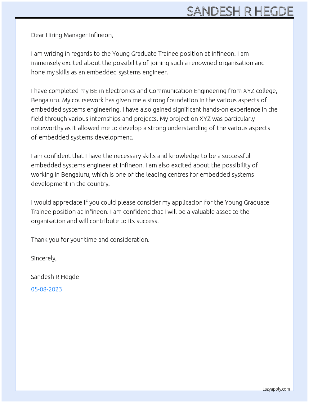 Young Graduate Trainee At Infineon Cover Letter