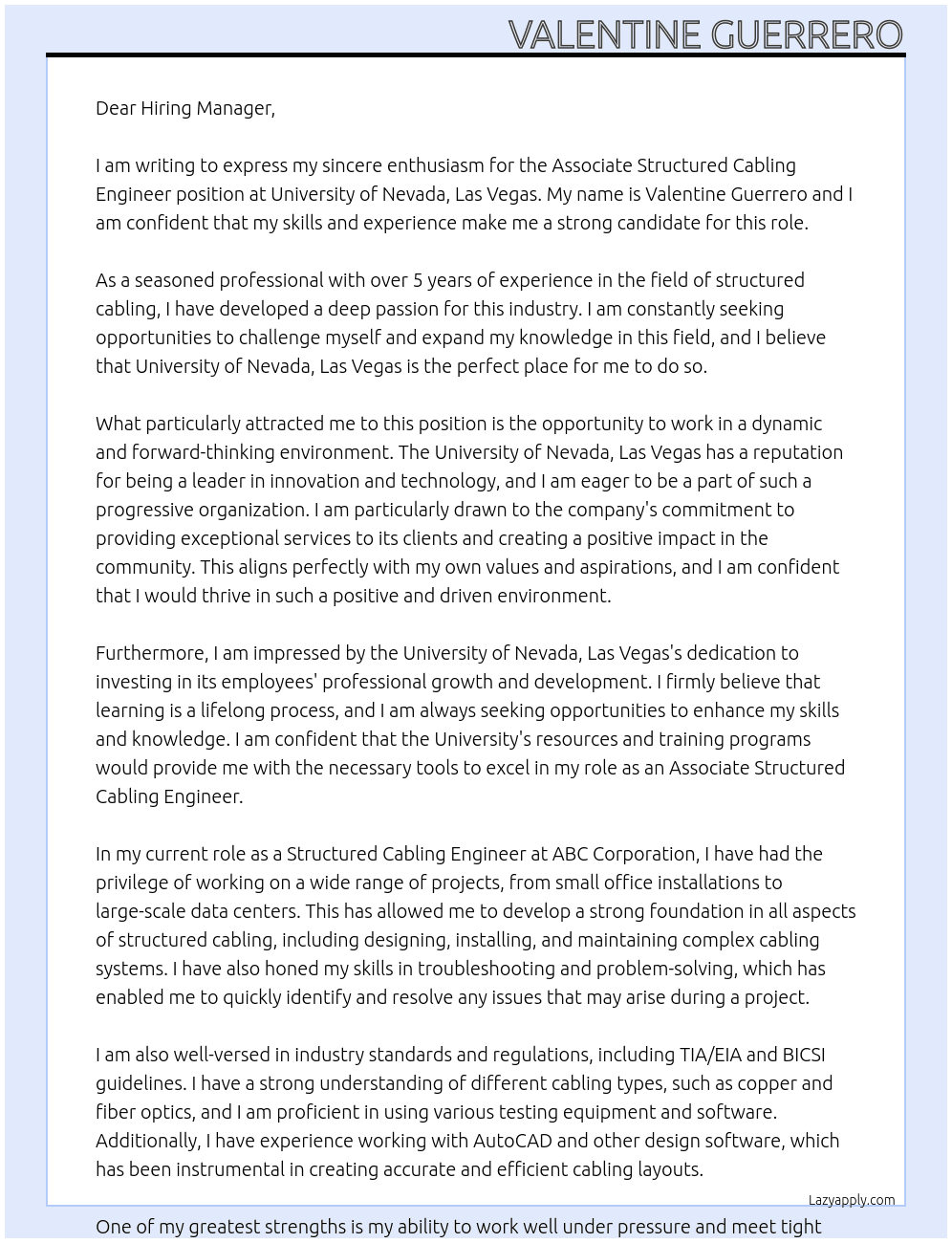 Associate Structured Cabling Engineer At University of Nevada, Las Vegas  Cover Letter