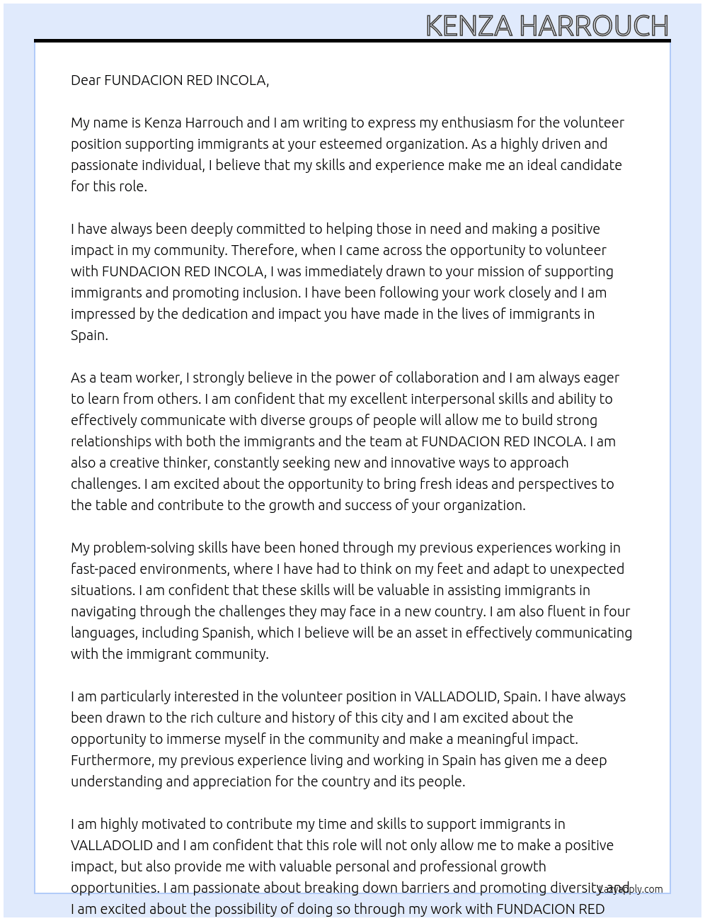 volunteer to support immigrants At FUNDACION RED INCOLA Cover Letter