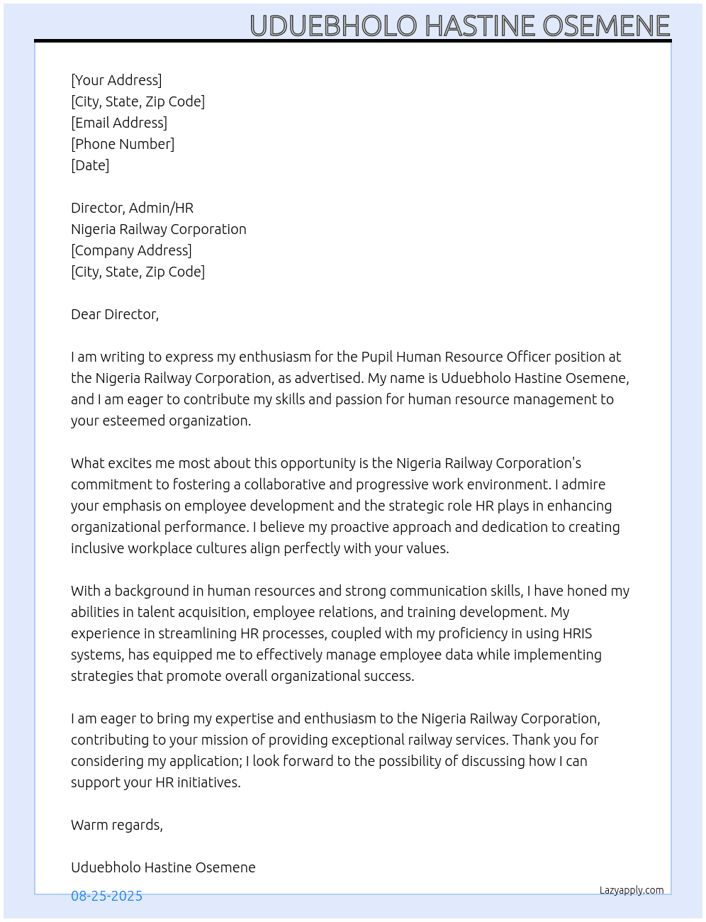 Pupil Human Resource Officer At Nigeria Railway Corporation  Cover Letter