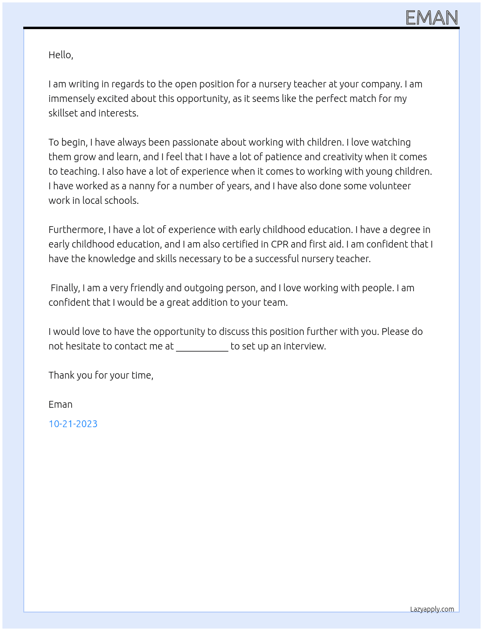 Nursery teacher  At Nursery  Cover Letter