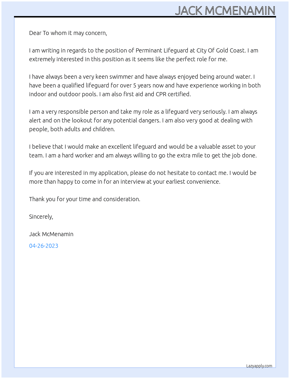 Perminant Lifeguard At City Of Gold Coast  Cover Letter