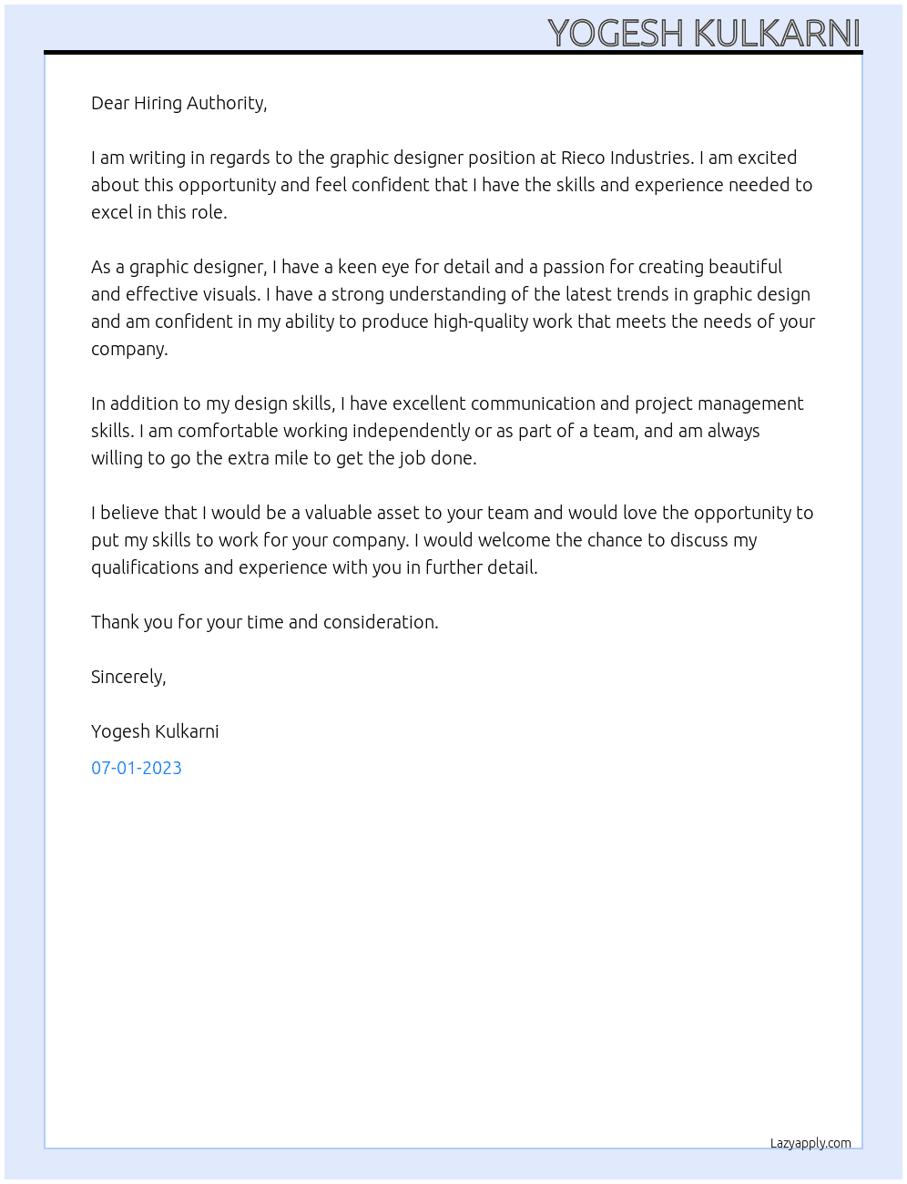 graphic designer At Rieco Industries Cover Letter