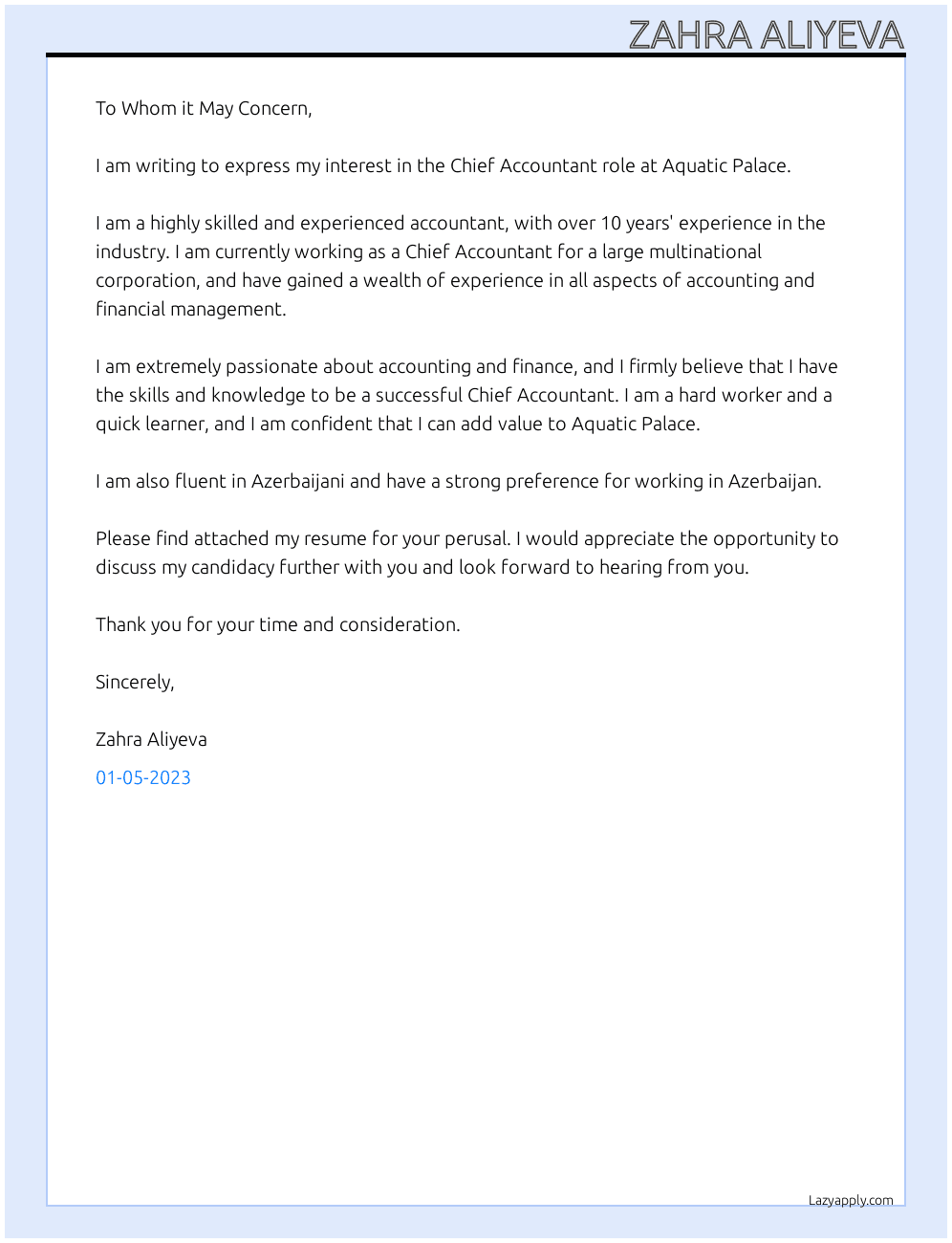 Chief Accountant At Aquatic Palace Cover Letter