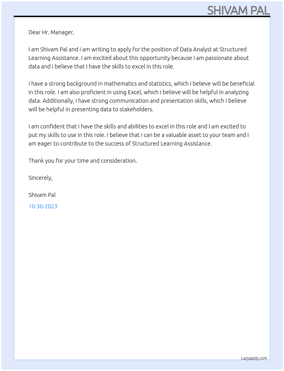 Data Analyst At Structured Learning Assistance Cover Letter