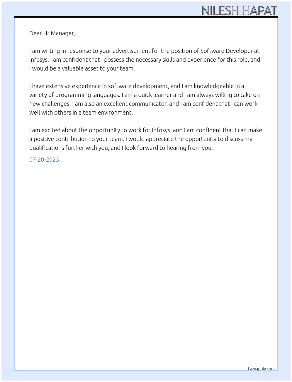 Software devloper At Infosys Cover Letter