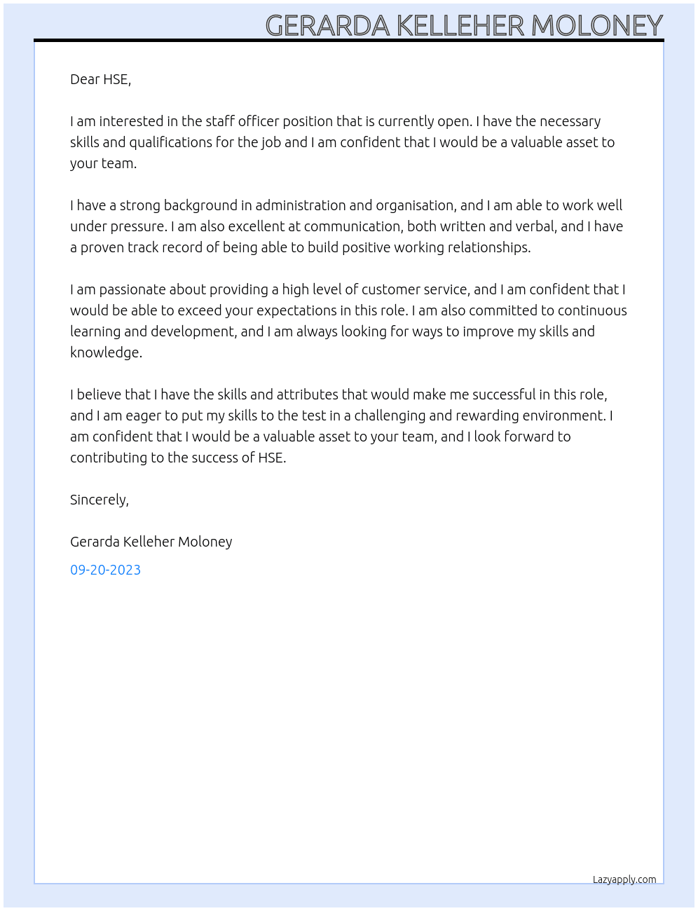 staff officer At hse Cover Letter