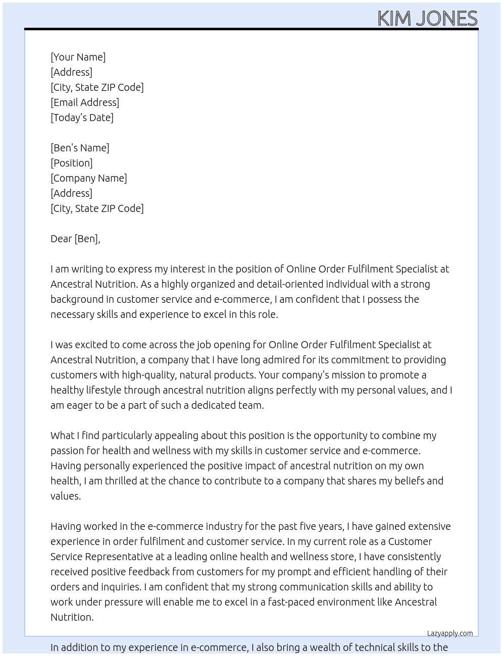 Online Order Fulfilment Specialist At Ancestral Nutrition Cover Letter
