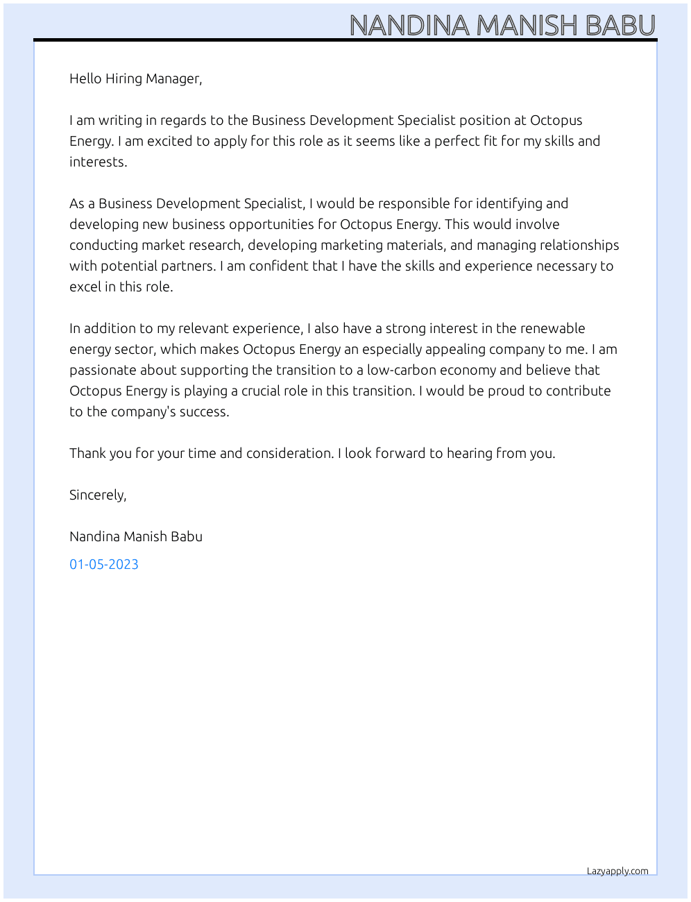 Business Development Specialist At Octopus Energy Cover Letter