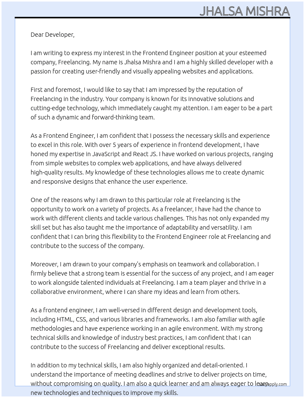 Frontend engineer At Freelancing Cover Letter