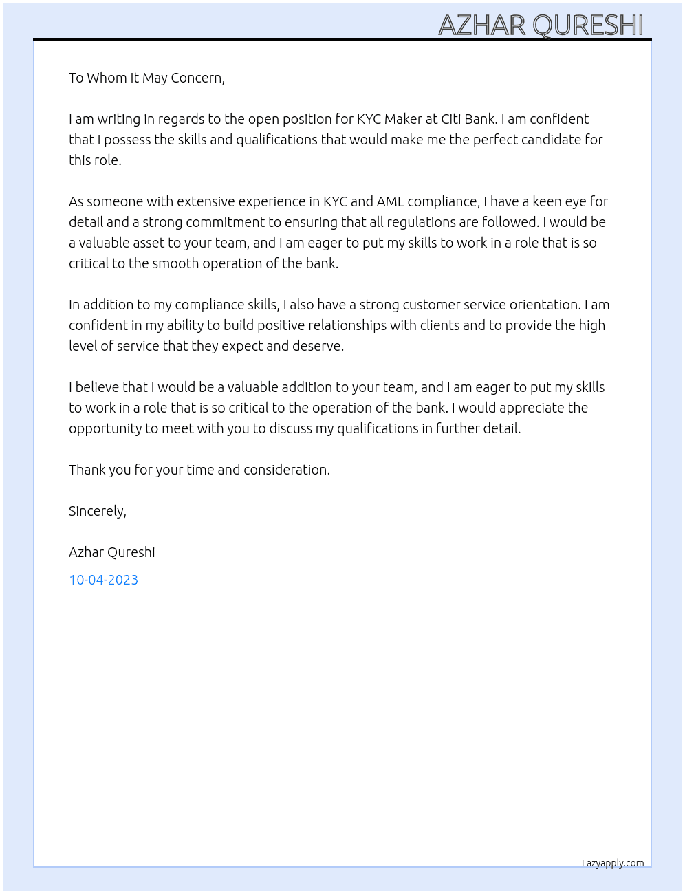 KYC Maker  At Citi Bank  Cover Letter