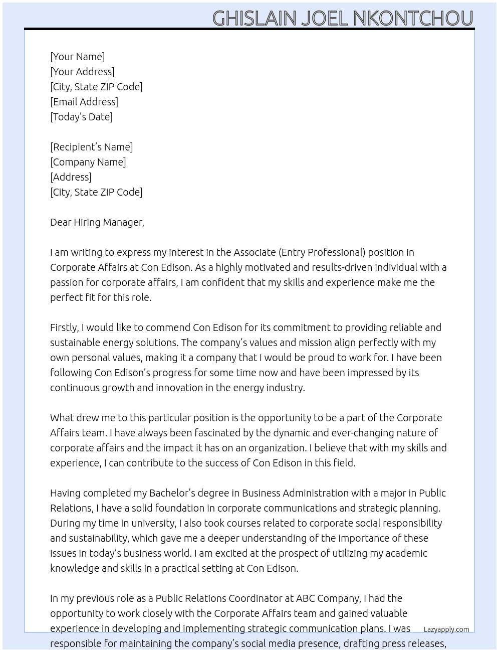 Associate (Entry Professional), Corporate Affairs At Con Edison Cover Letter