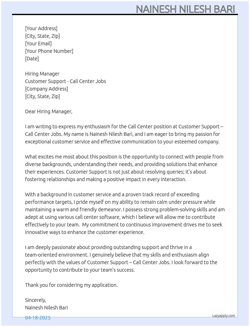 Call centre  At Customer Support - Call Center jobs Cover Letter