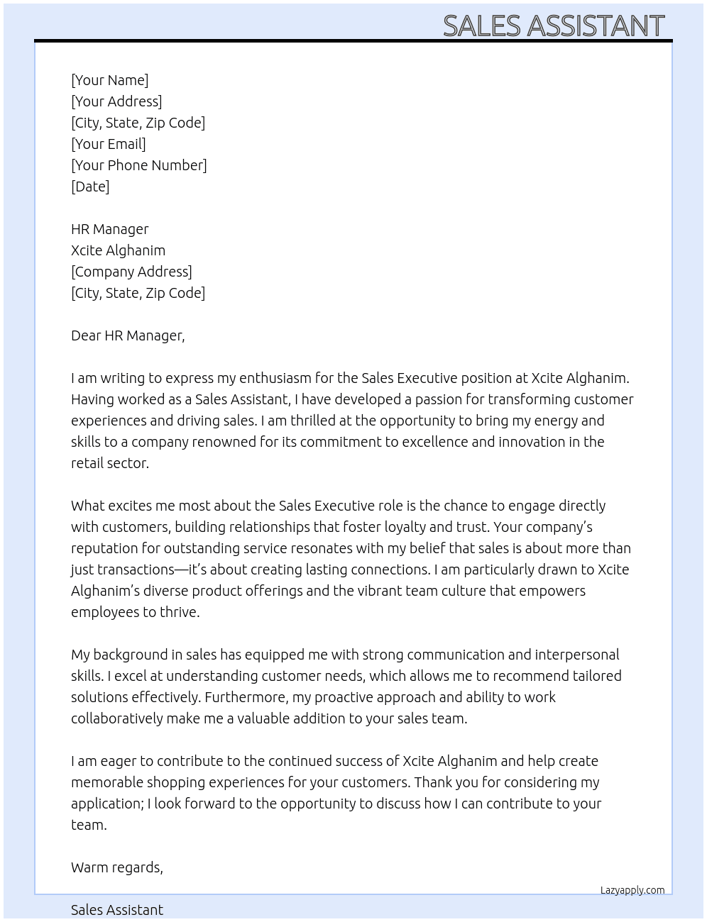 Sales executive At Xcite Alghanim Cover Letter