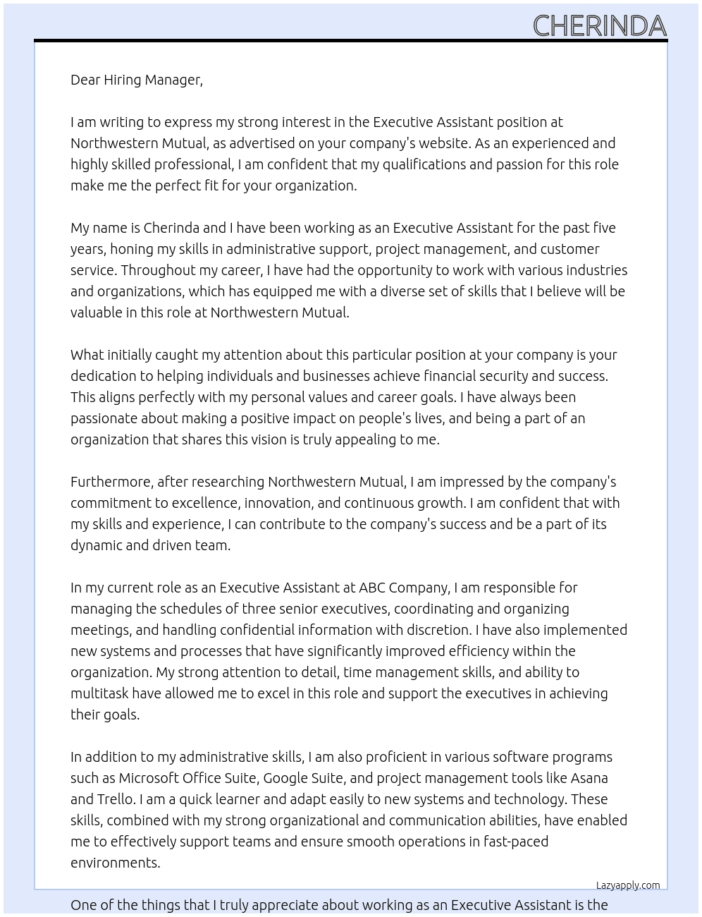 Executive Assistant At Northwestern Mutual  Cover Letter