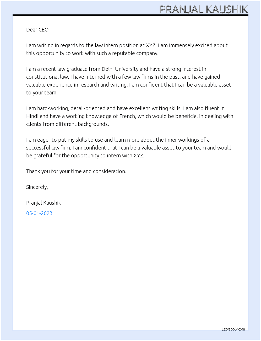law intern At XYZ Cover Letter