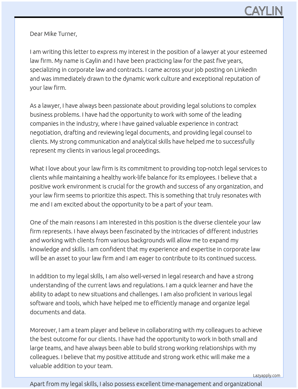 lawyer  At law firm  Cover Letter