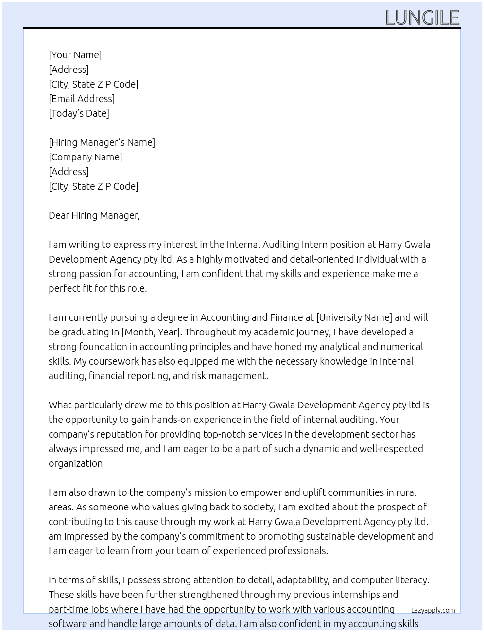Internal auditing intern  At Harry Gwala Development Agency pty ltd Cover Letter