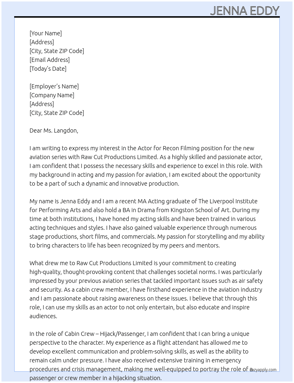 Actor for Recon Filming for New Aviation Series At Raw Cut Productions Limited Cover Letter