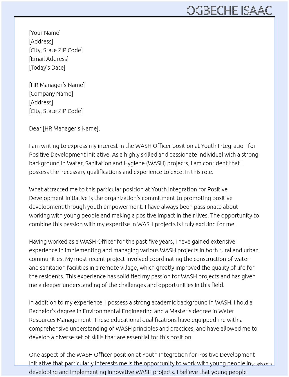 WASH officer  At Youth integration for positive development initiative  Cover Letter