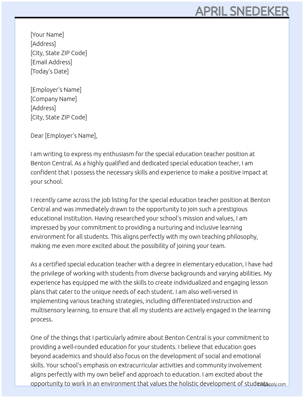 special education teacher At Benton Central  Cover Letter