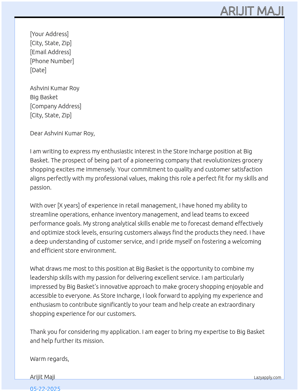 Store Incharge At Big Basket Cover Letter
