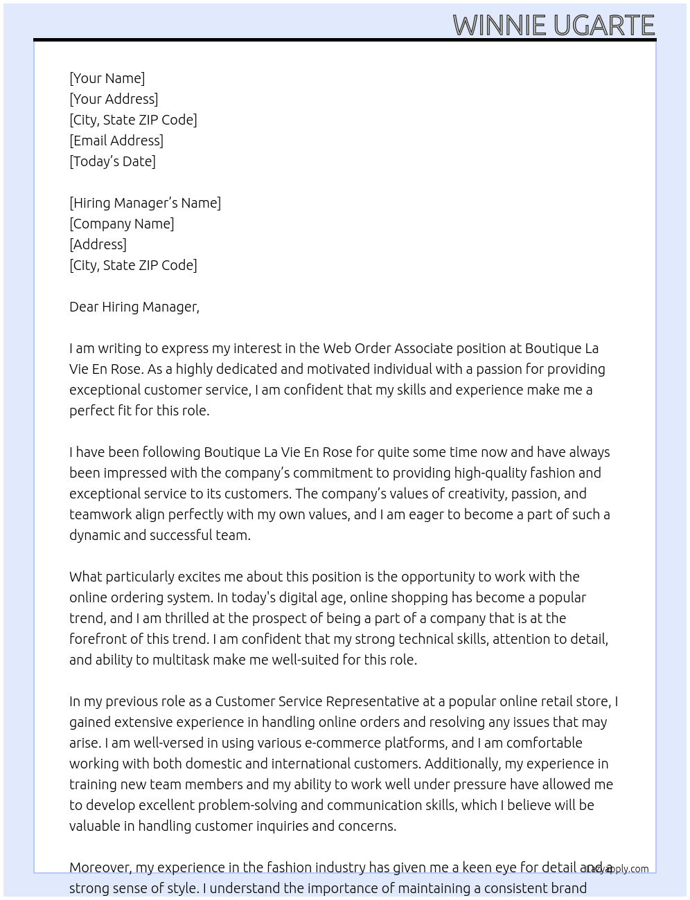WEB ORDER ASSOCIATE At Boutique La Vie En Rose  Cover Letter