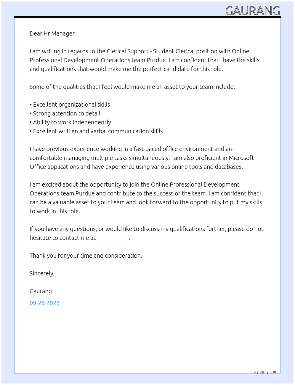 Clerical Support - Student Clerical At Online Professional Development Operations team Purdue Cover Letter