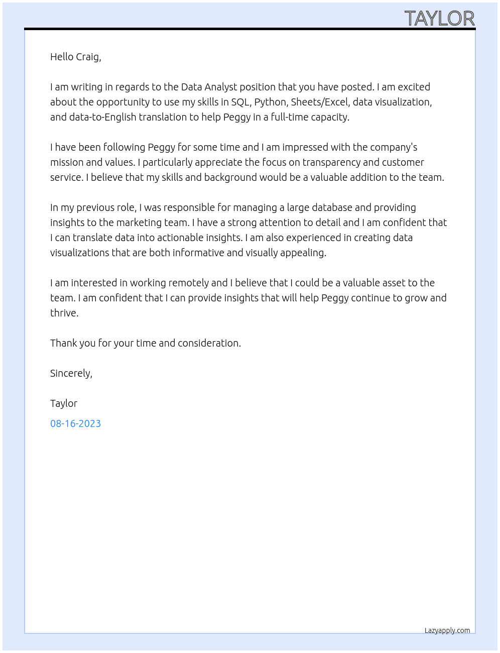Data Analyst At Peggy Cover Letter