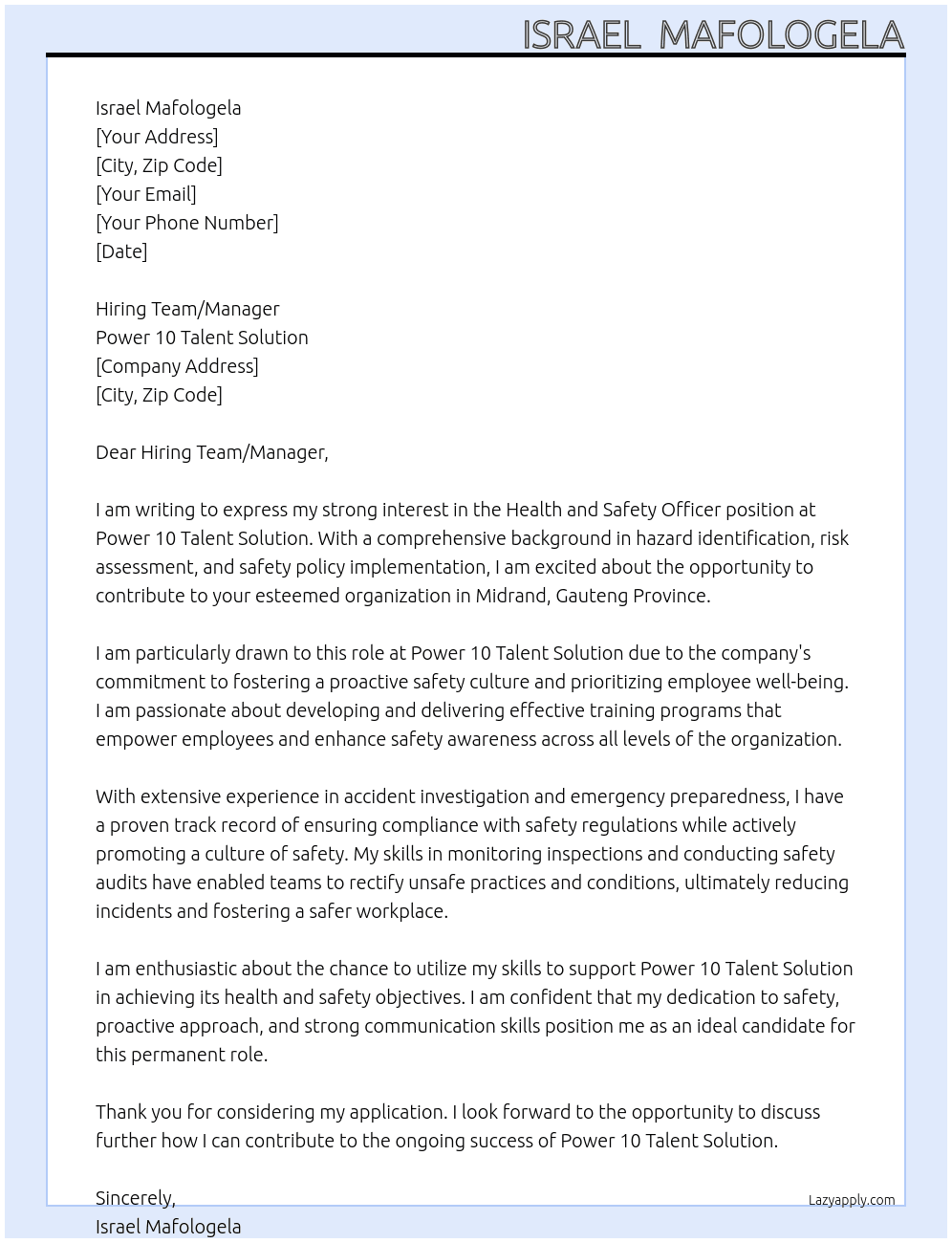 Health and Safety Officer At Power 10 Talent Solution Cover Letter