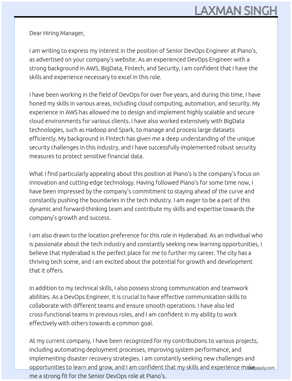DevOps Engineer At Piano’s Cover Letter