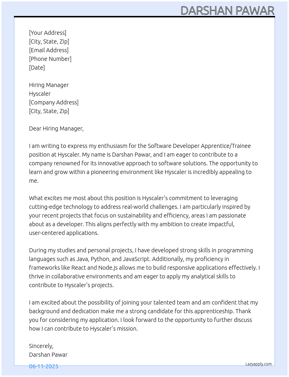Cover letter for software developer apprentice/trainee - LazyApply
