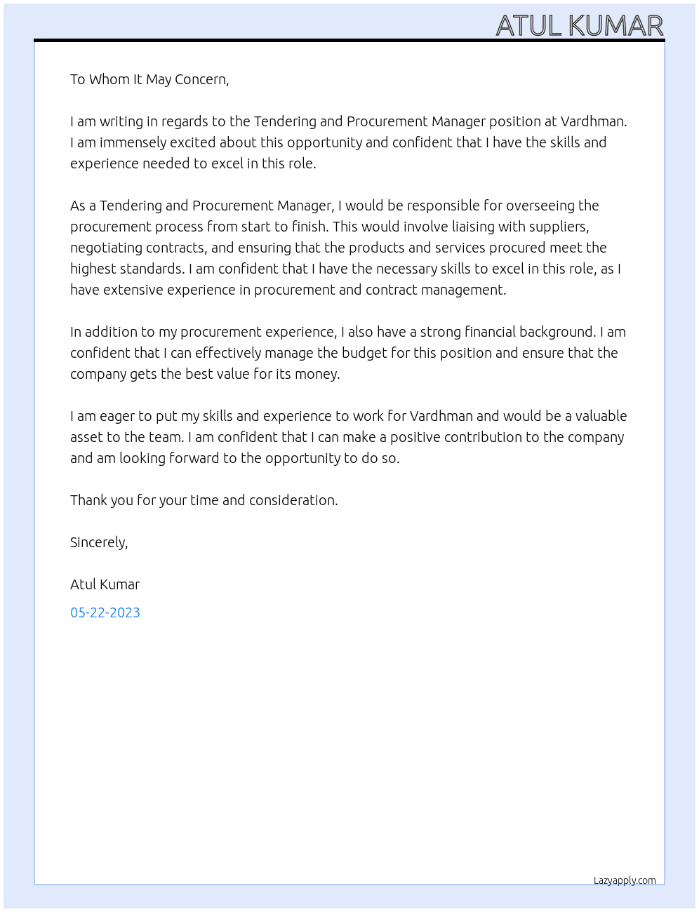 tendering and procurement manager At vardhman Cover Letter
